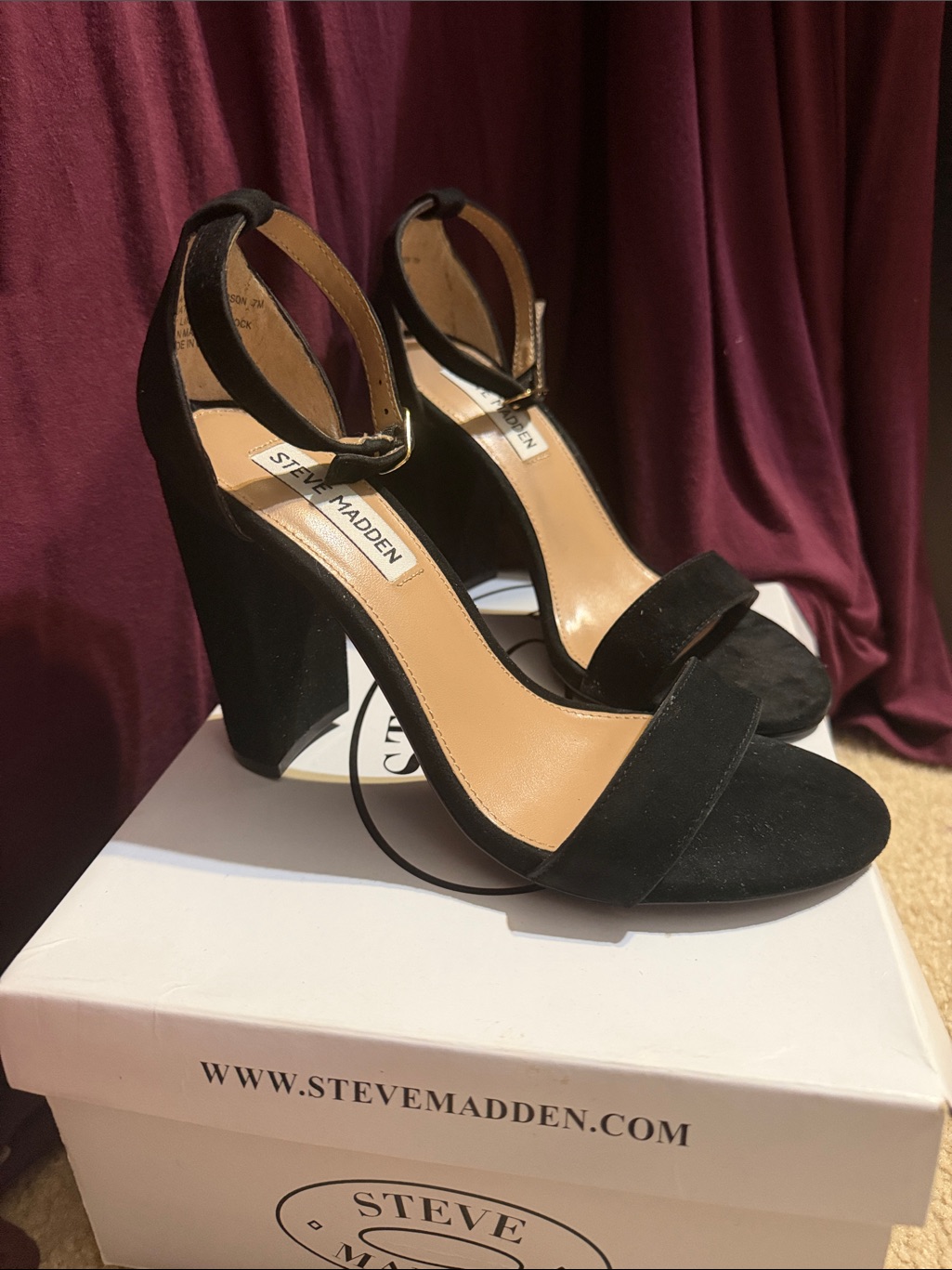 Steve Madden Black Suede Open-Toe Block Heel Sandals With Ankle Strap